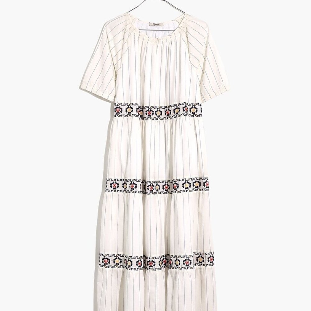 MADEWELL Embroidered Keyhole Tiered Midi Dress in Stripe M